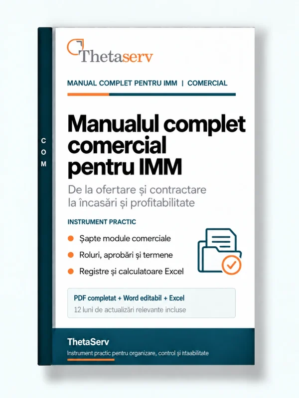 Manualul complet comercial pentru IMM – ThetaServ Coperta manualului complet comercial ThetaServ pentru IMM: ofertare, contractare, încasări și profitabilitatea clienților.