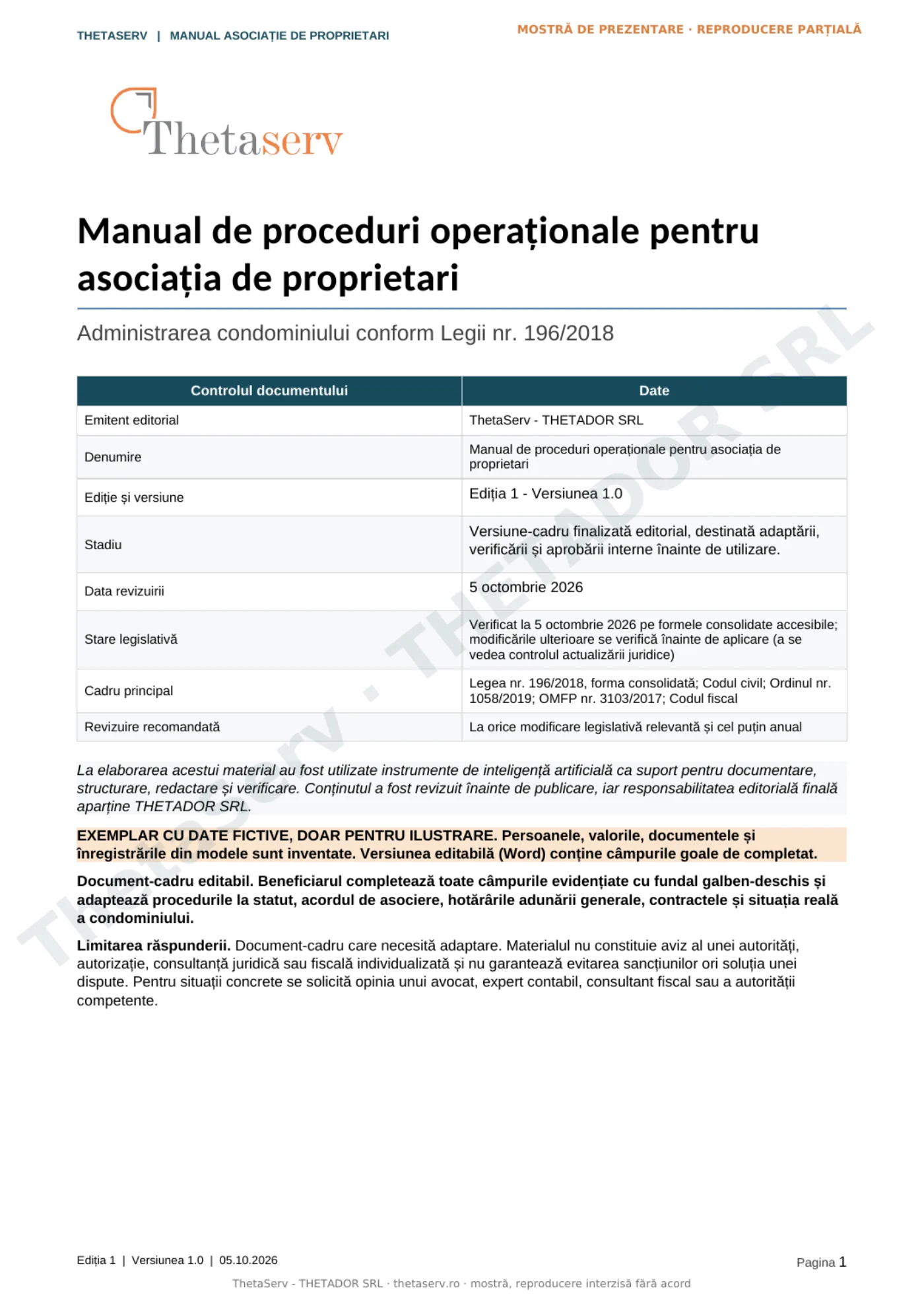 Coperta și fișa de control din mostra manualului ThetaServ pentru asociații de proprietari