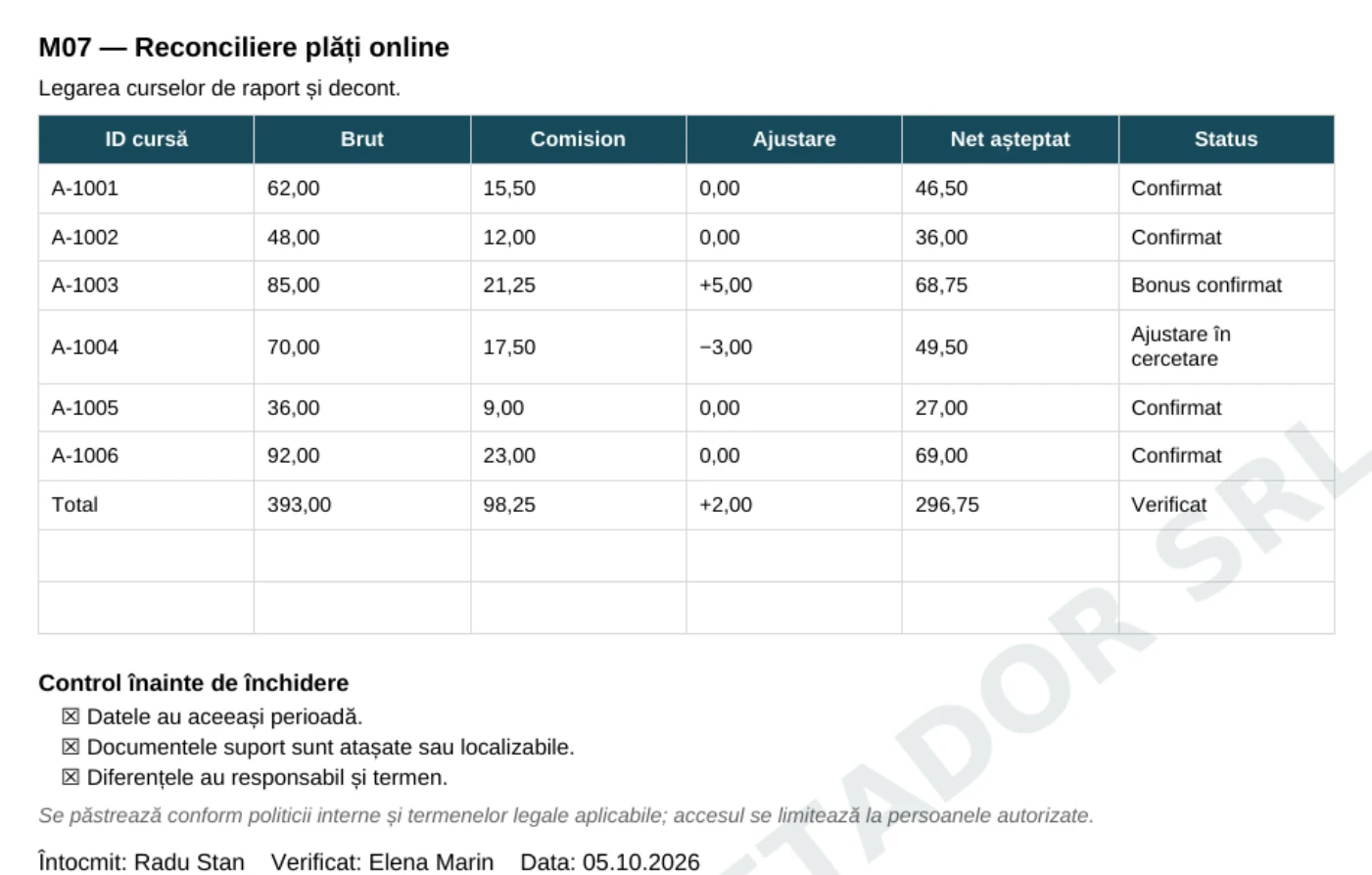 Tabel de reconciliere a plăților online din mostra unui manual comercial ThetaServ